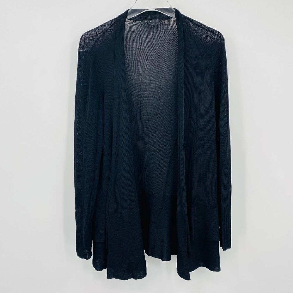 Eileen Fisher Size Medium Black Long Sleeve Open Front Ruffle Hem Cardigan